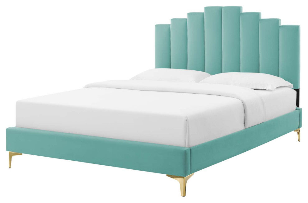 Platform Bed Frame, Full Size, Velvet, Blue, Modern Contemporary, Bedroom Master