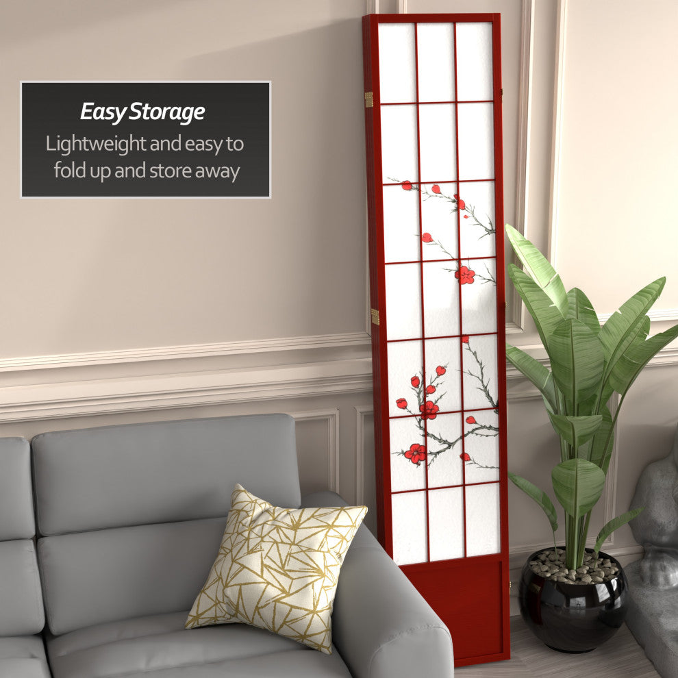 7' Tall Cherry Blossom Shoji Screen, Rosewood, 4 Panels