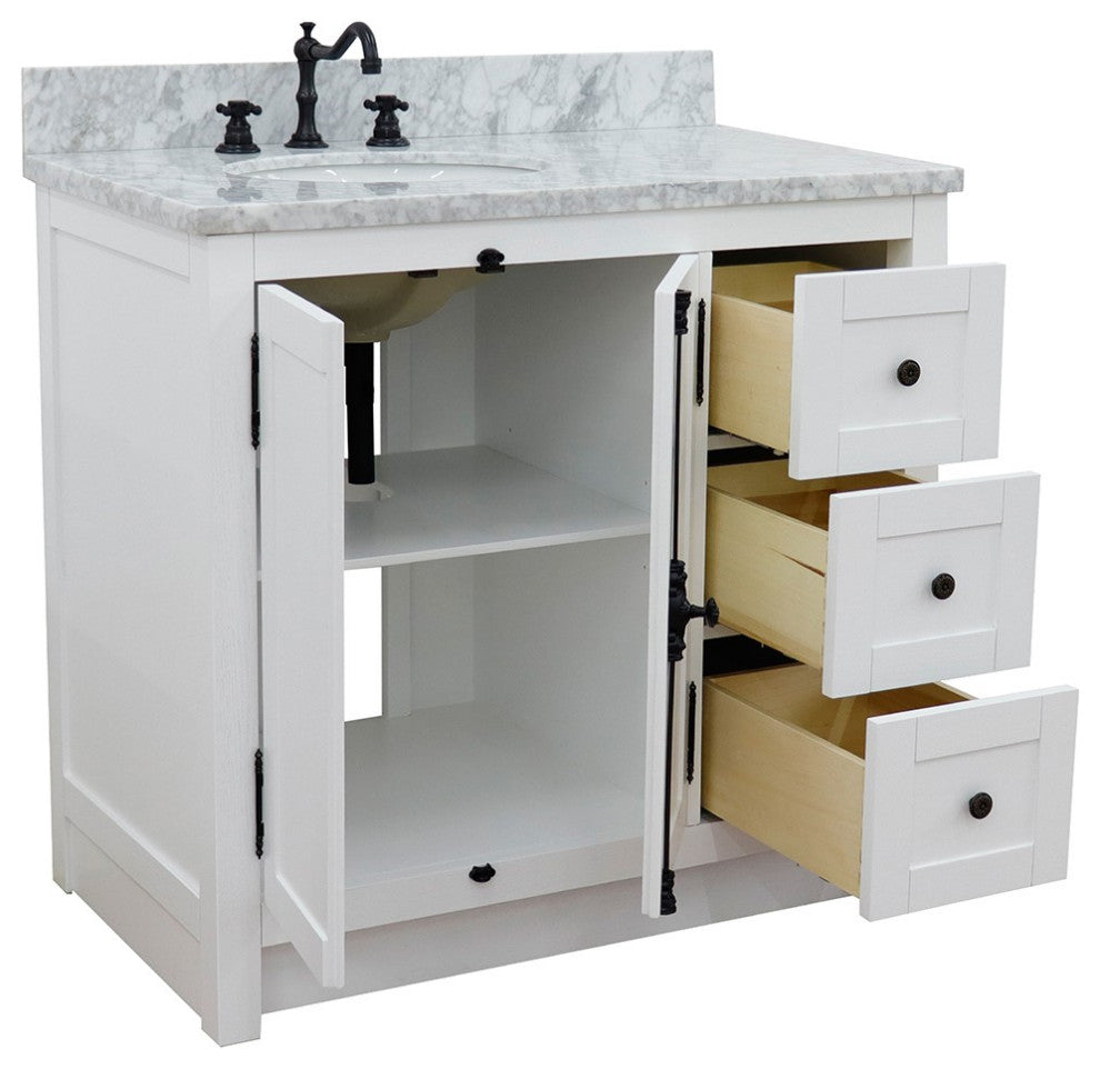 37" Single Vanity, Glacier Ash With White Carrara Top, Left Doors/Left Oval Sink