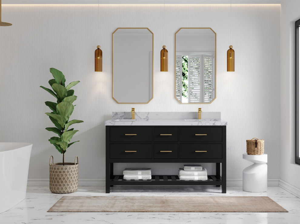 Parker 60" Double Sink Bath Vanity, Black 2" Venatino Quartz