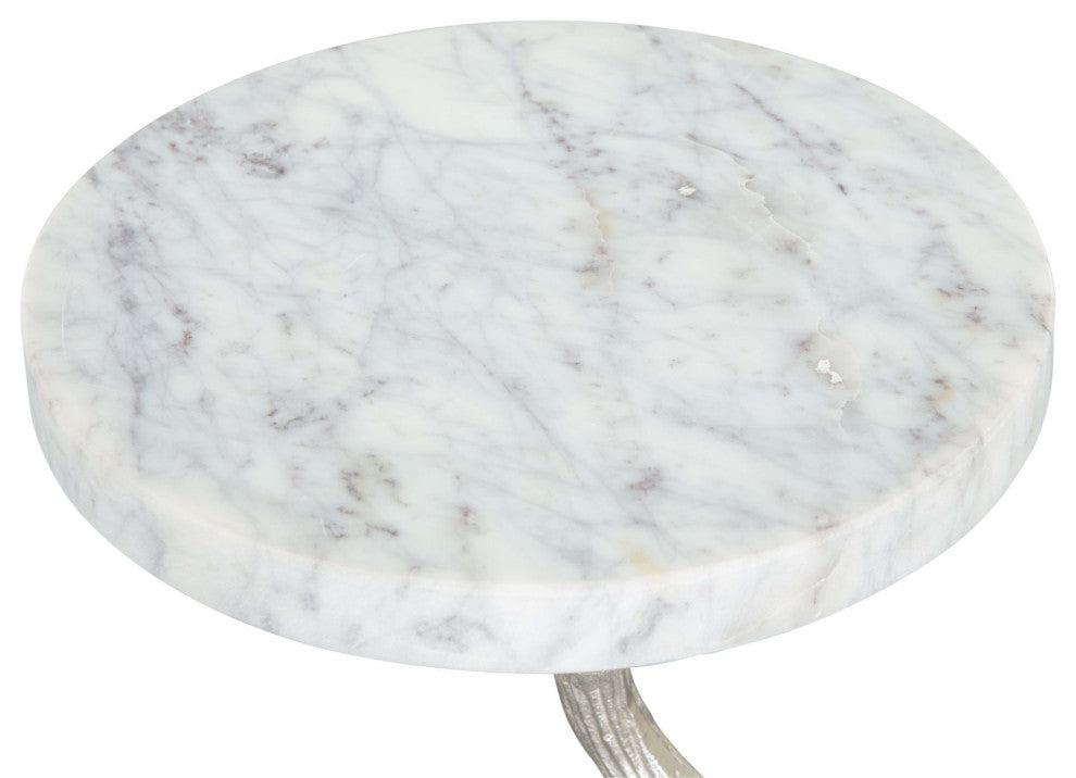 Sofa Side Table, Round, Artificial Marble, Aluminum Metal, White, Silver