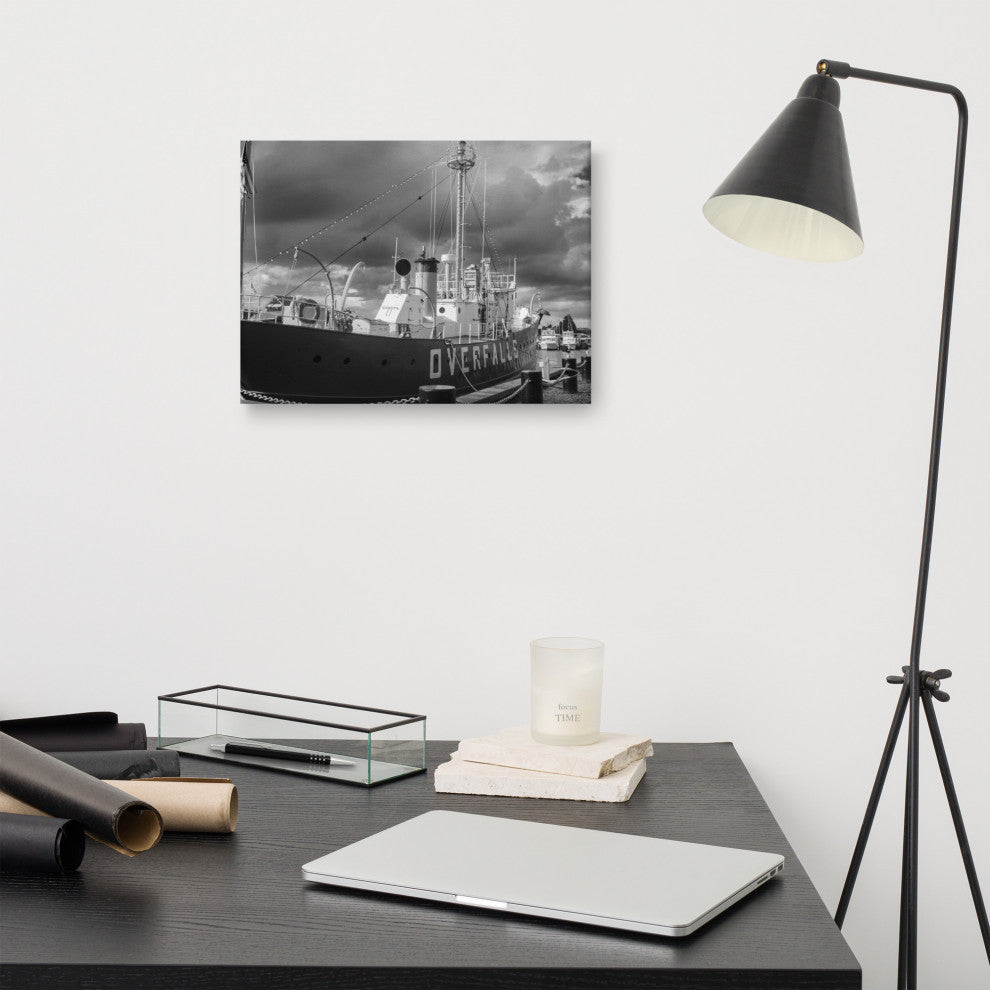 Overfalls Lightship Black & White Photo Canvas Wall Art Print, 12" X 16"