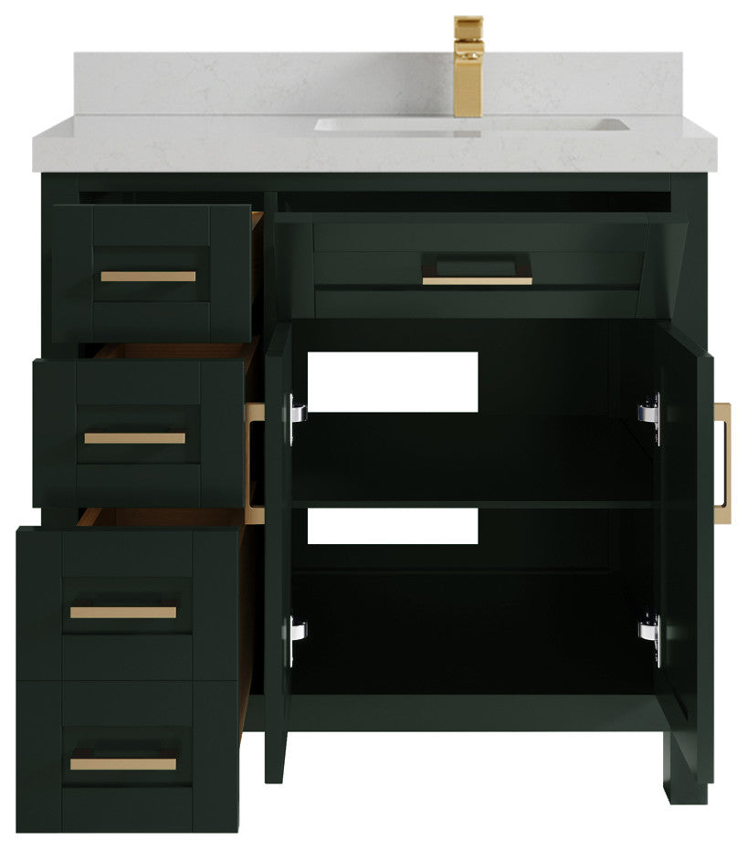 Cambridge 36 Right Offset Bath Vanity in Dark Forest Green 2" Carrara Quartz