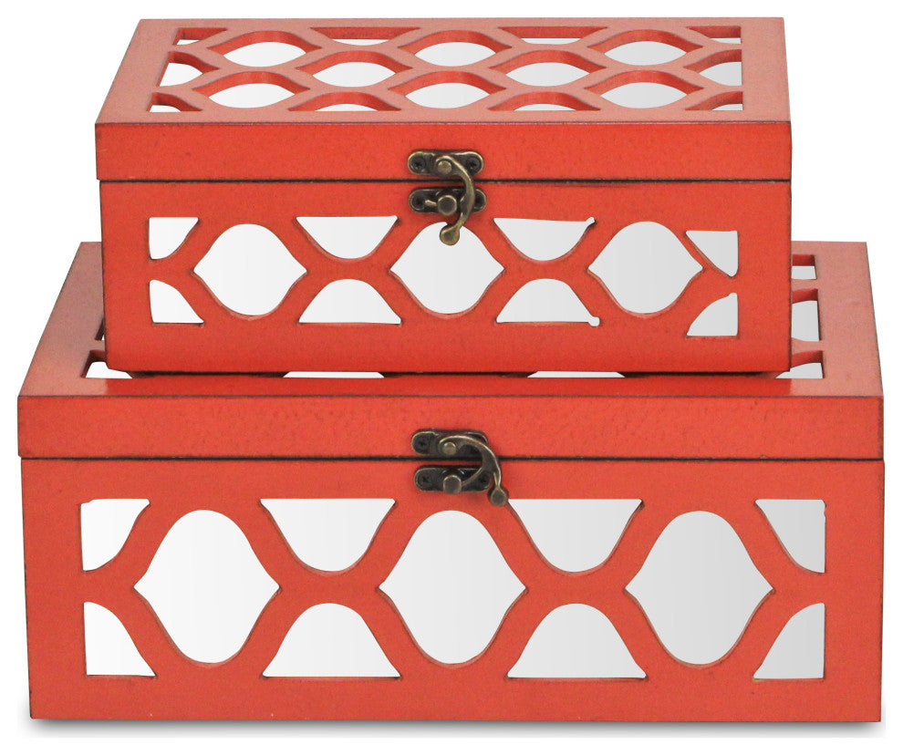 Moroccan Mirrored Wooden Boxes, Blue, Set of 2, Orange