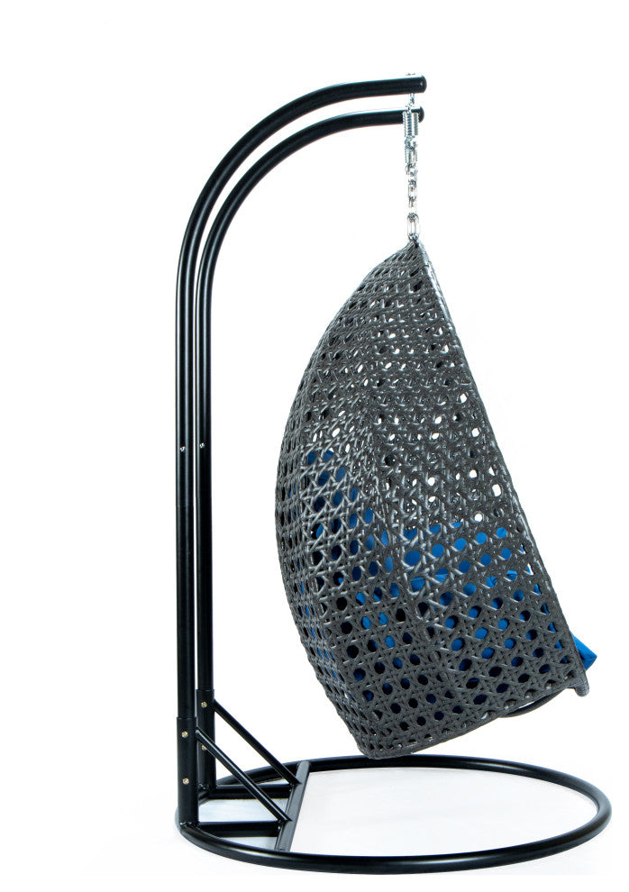 2 Person Charcoal Wicker Double Hanging Egg Swing Chair, Blue