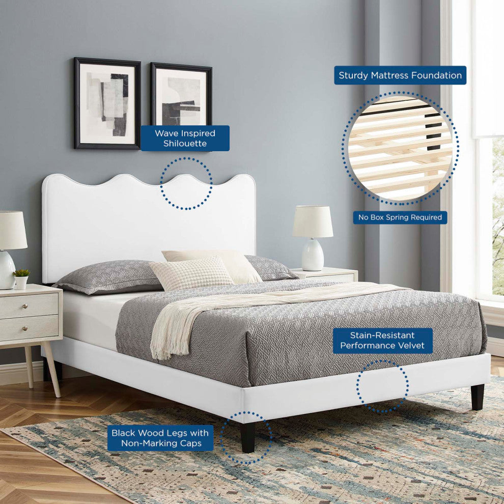 Platform Bed Frame, King Size, White, Velvet, Modern, Bedroom Guest Suite