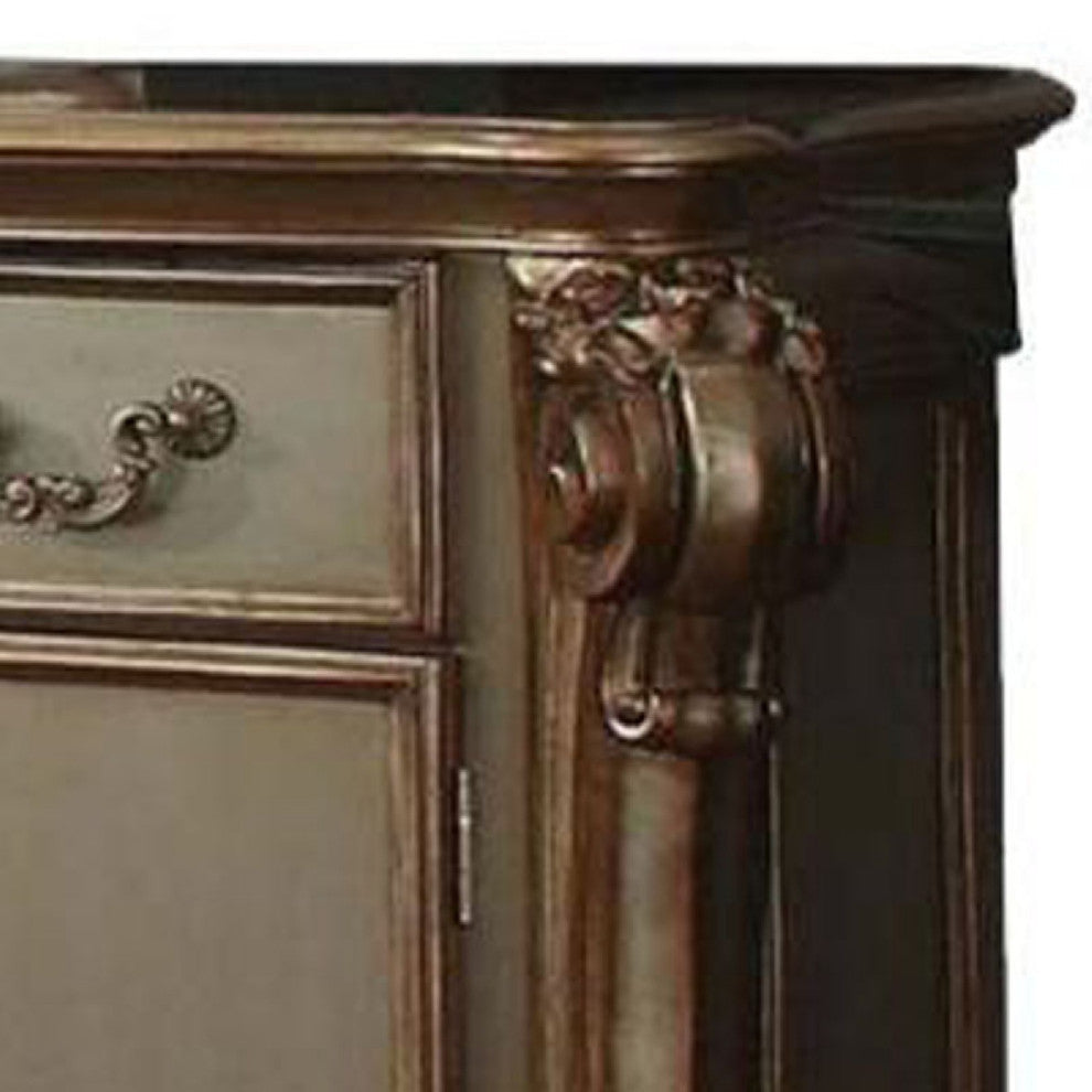 Benzara BM185902 Wooden Dresser With Scrolled Poster Legs, Gold And Bone White