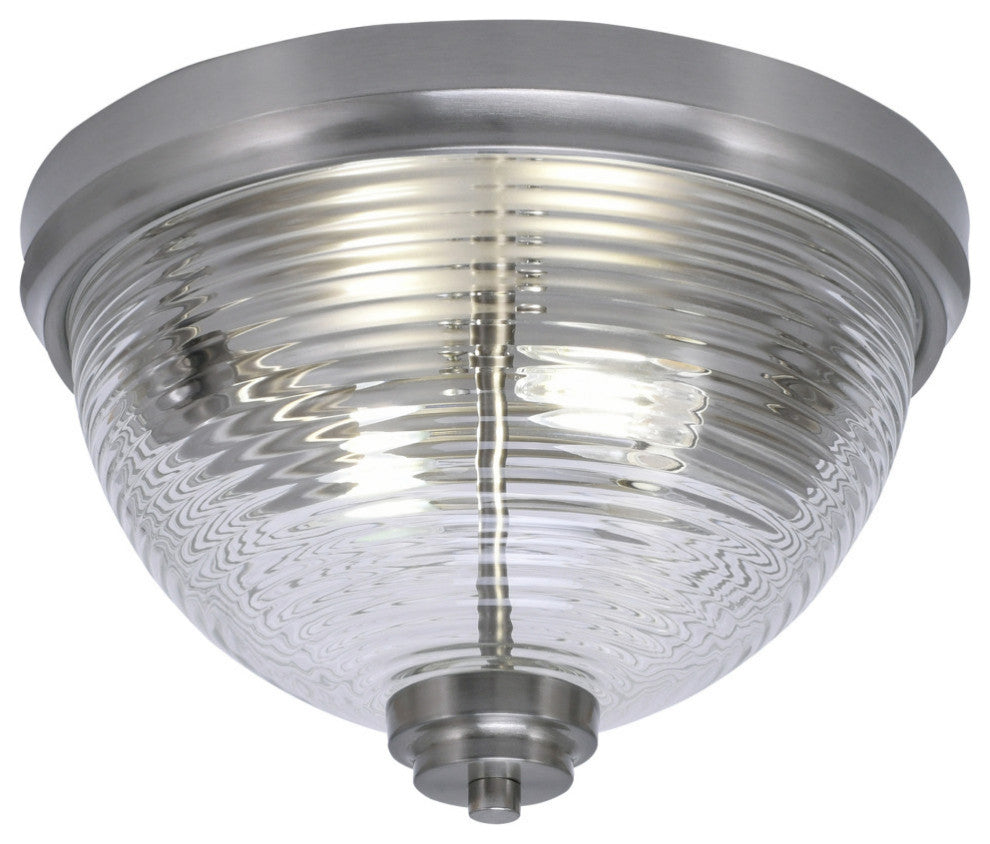 12" 2-Light Flush Mount Light, Brushed Nickel, Clear Ribbed Glass