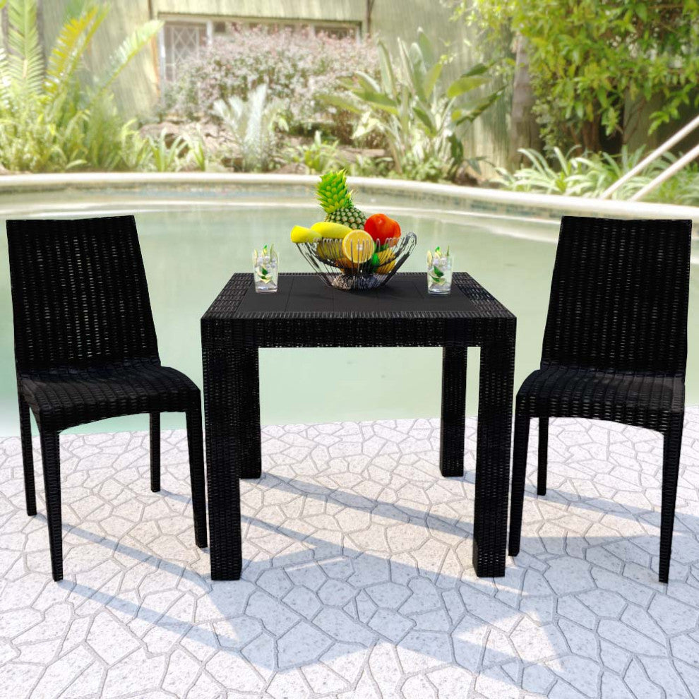 LeisureMod Mace Mid-Century 3-Piece Outdoor Patio Dining Set, Black