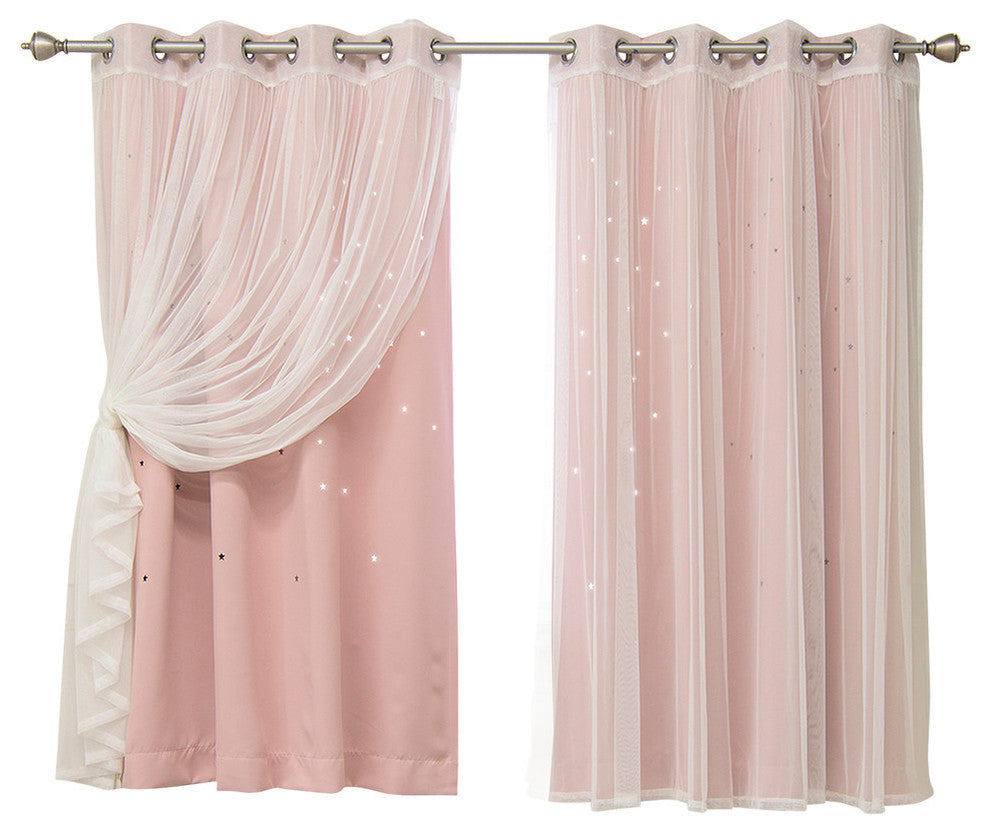 Tulle and Star Cut Out Blackout Mix and Match Curtains, Dusty Pink, 63"