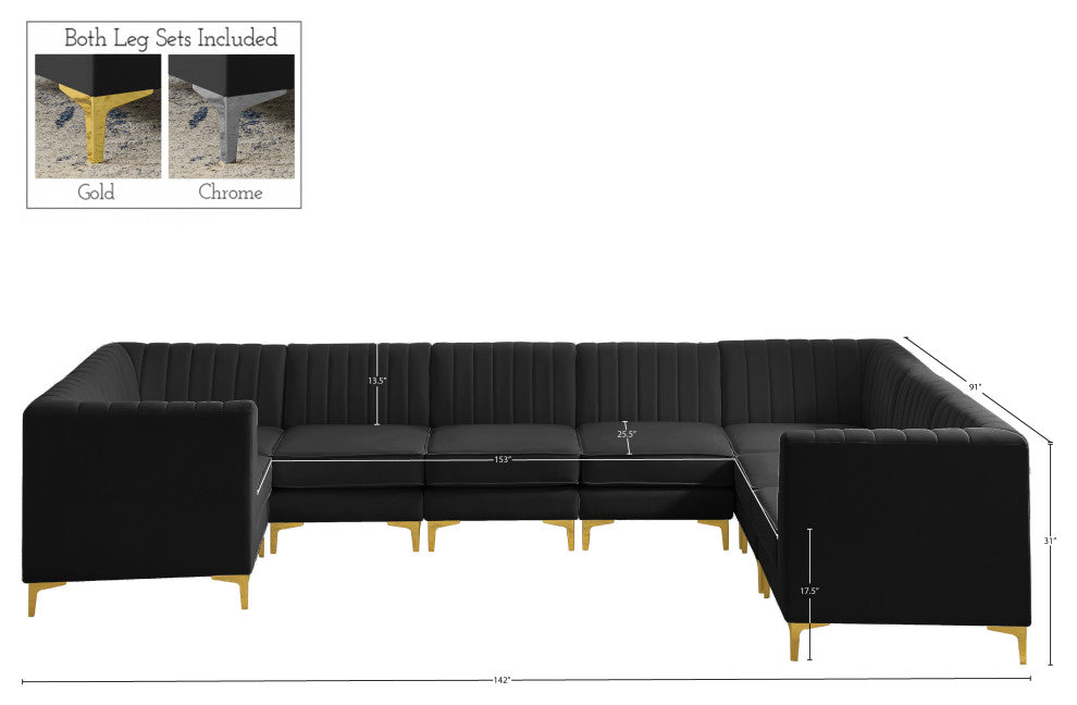 Alina Black Velvet 8-Piece Modular Sectional, Black, U-Shaped