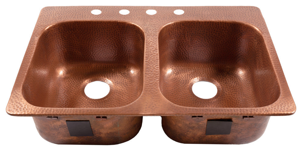 Santi 33" Drop-in Copper Double Bowl Kitchen Sink, 4-Hole Left Side