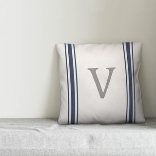 Blue Farmhouse Stripe Monogram - V 18x18 Spun Poly Pillow