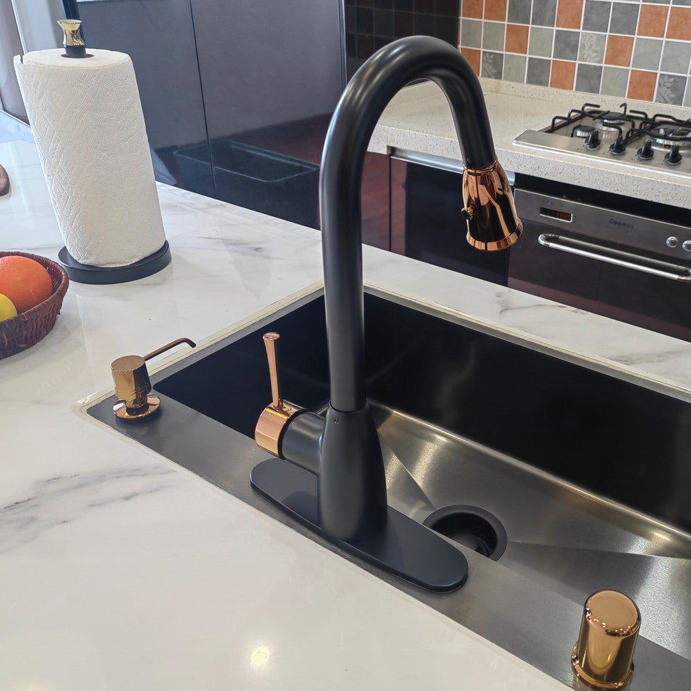 Pull Down Kitchen Faucet With Deck Plate, Two-Tone Matte Black and Rose Gold