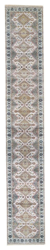 Ivory Wool Hand Knotted Flower Rosettes Border XL Runner Oriental Rug 2'7"x18'