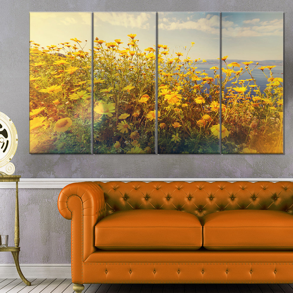 Wild Yellow Flowers Meadow, Floral Canvas Art Print, 48"x28", 4 Panels