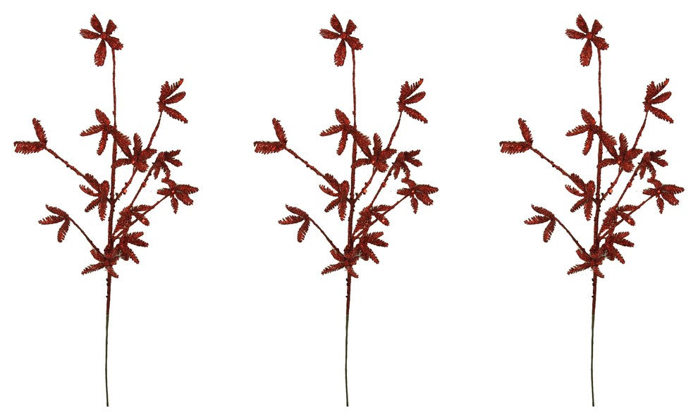 3 Pieces 25" Glitter Leaf Christmas Spray, Red