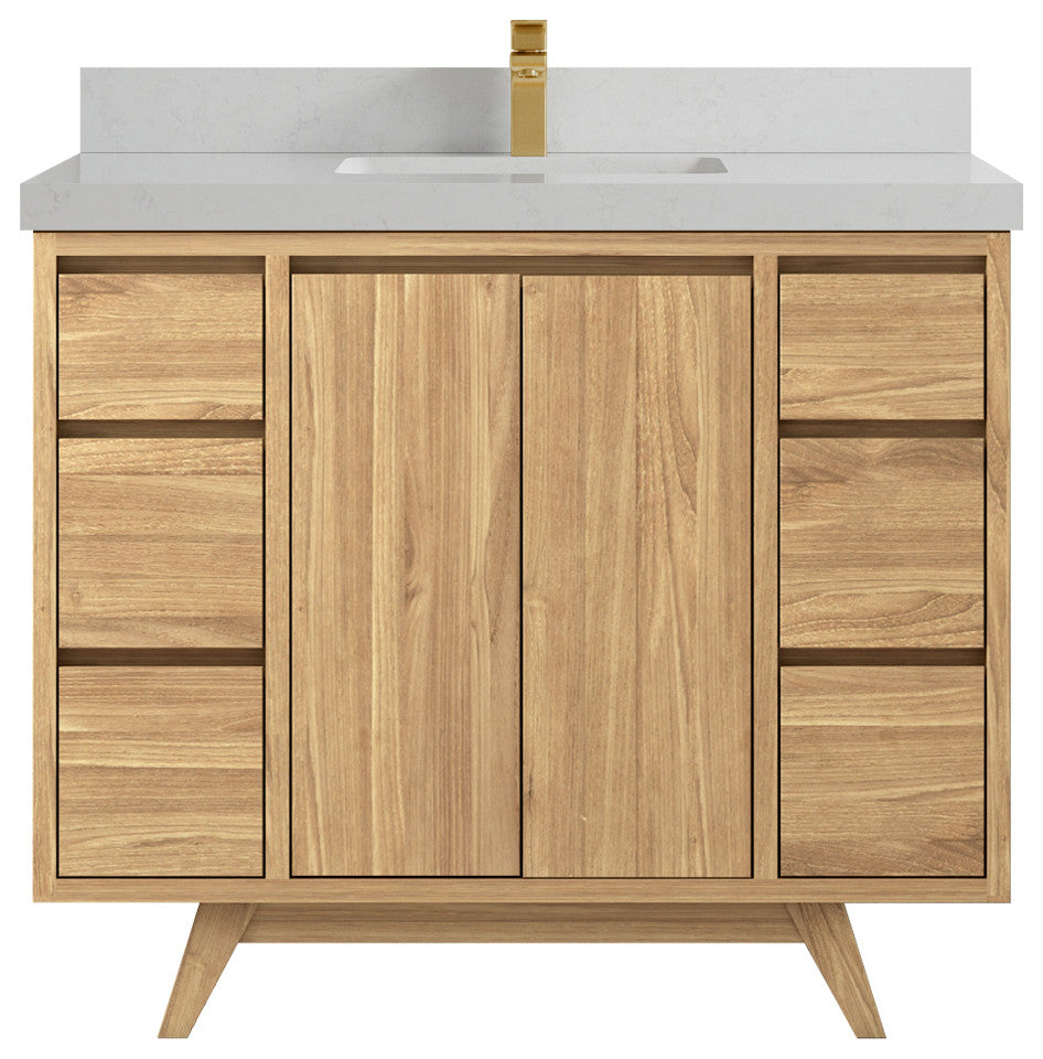 Madison Teak 42 Single Sink Bath Vanity in Light Natural 2" Carrara Quartz