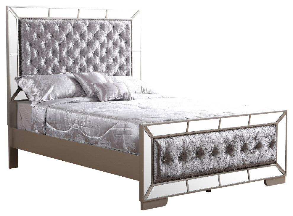 Galera Tufted and Mirrored Bed, Gray, Queen