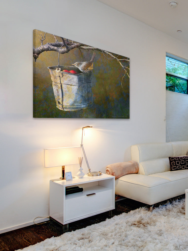 "Apple Bucket Wren" Print on Canvas by Chris Vest