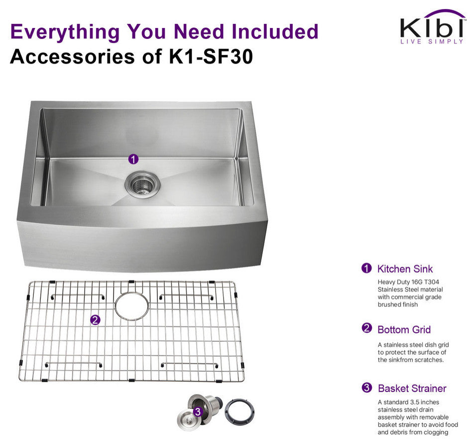 KIBI Handcrafted Farmhouse Apron Single Bowl Stainless Steel Kitchen Sink, 30"