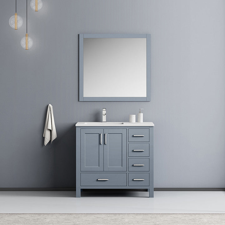 Jacques 36" Vanity, Wht Carrara Marble Top w/ 34" Mirror, Dark Grey, Left