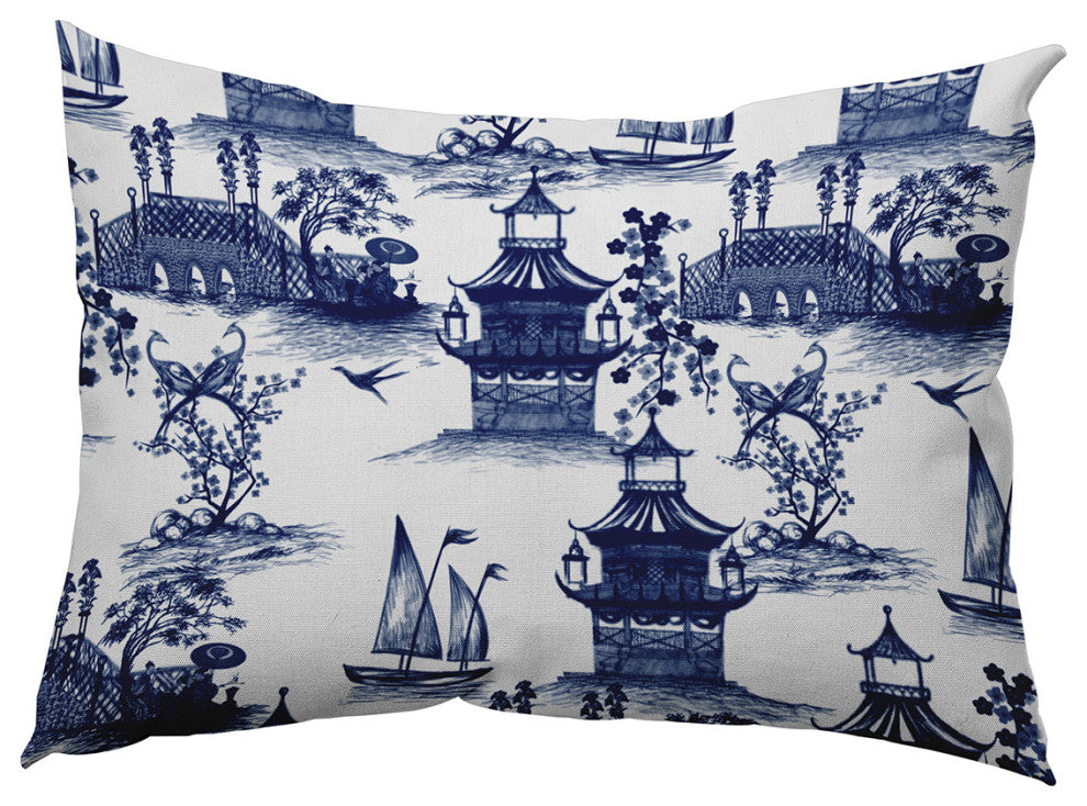 China Old Polyester Indoor Pillow, Porcelain Blue, 14"x20"