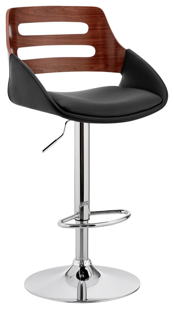 Black Faux Leather and Walnut Wood Adjustable Bar Stool