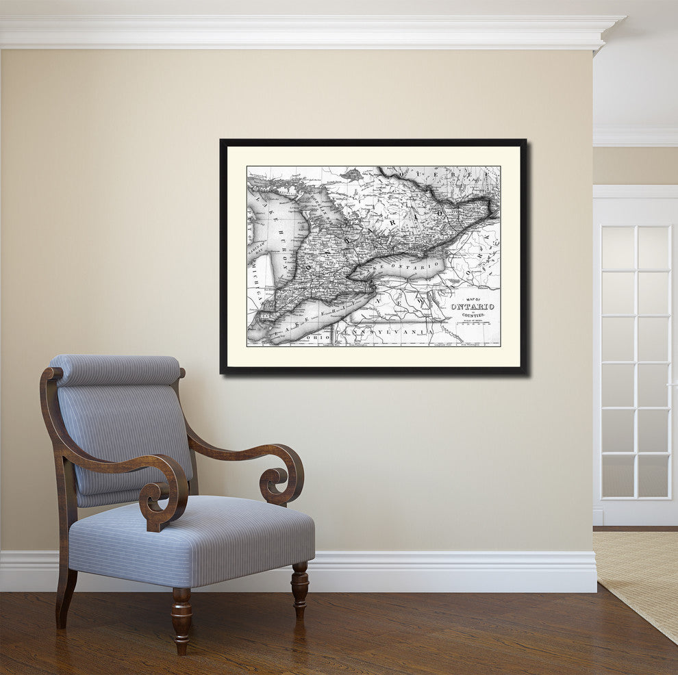 Ontario, Canada Vintage Map Print On Canvas With Black Custom Frame, 16" X 21"