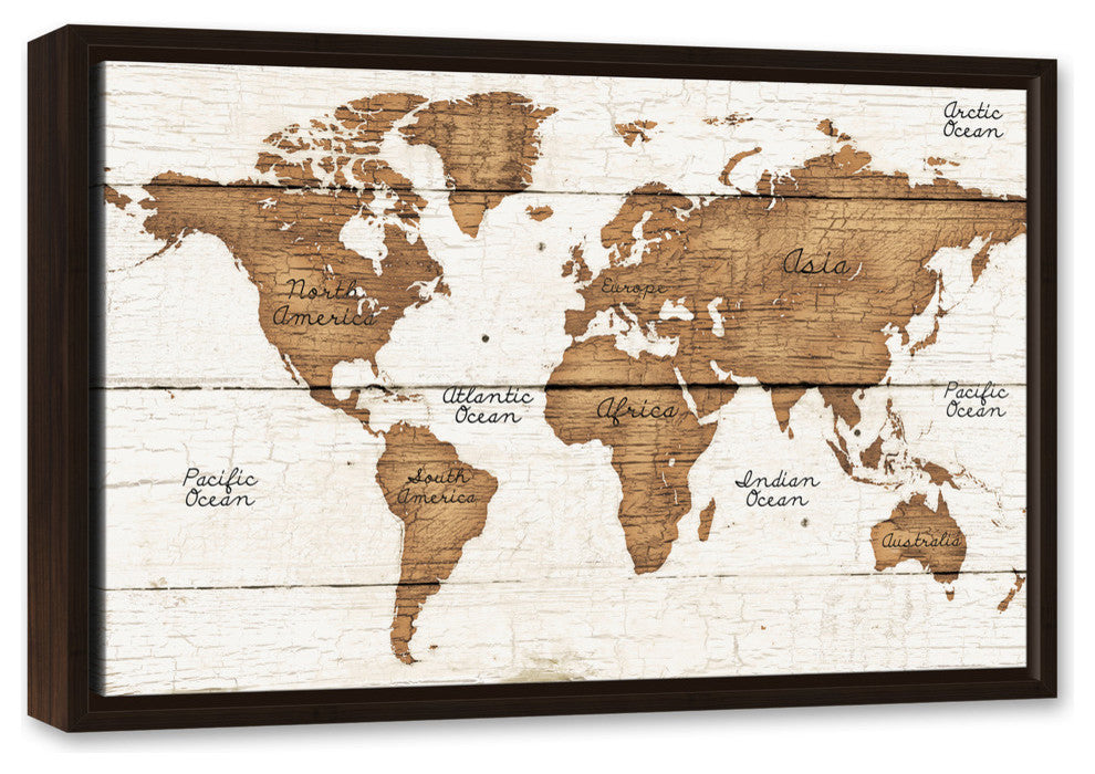 Distressed Wood World Map Walnut Floating Framed Canvas, 16"x24"