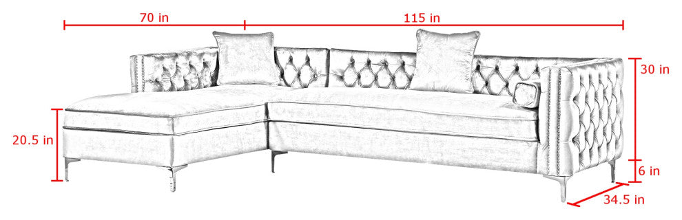 Jeannie Velvet Tufted With Nailhead Trim Sectional, Gray, Left Facing Chaise