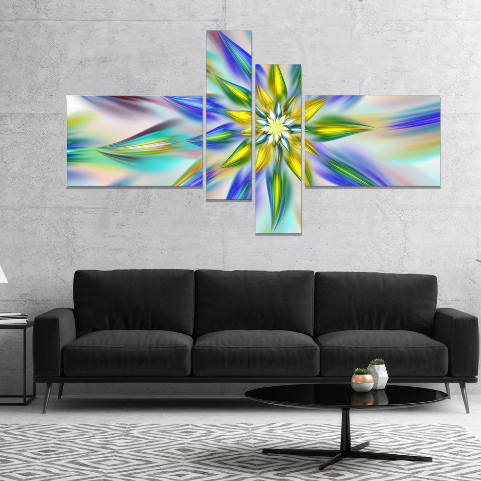 Dancing Blue Fractal Flower, Floral Canvas Art Print, 60"x32", 4 panels