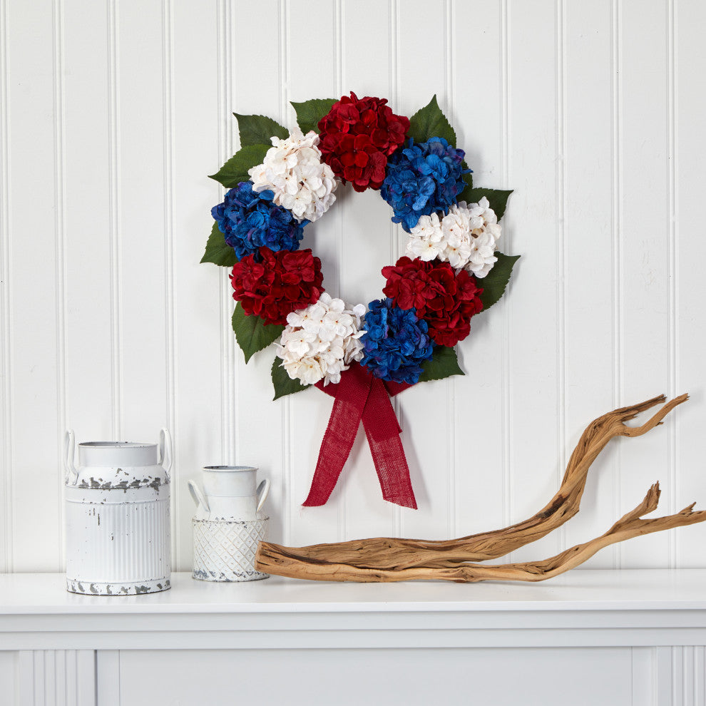 Nearly Natural 24ï¿½ Red, White and Blue ï¿½Americanaï¿½ Hydrangea Artificial Wreath