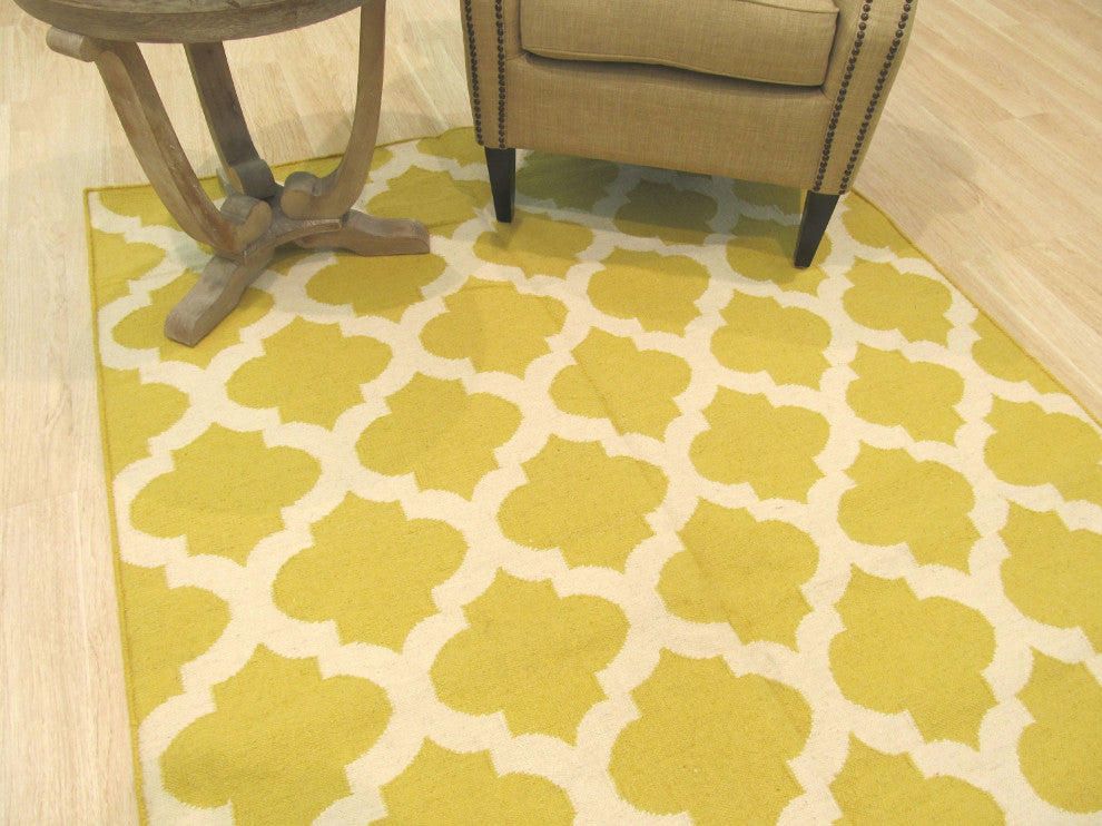 Yellow Transitional Geometric Reversible Modern Moroccan Kilim Area Rug
