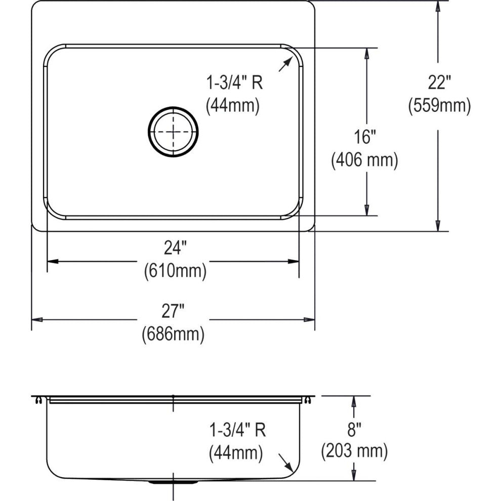 DSESR127221 Dayton Stainless Steel 27" x 22" x 8", Dual Mount Sink, 1 Hole