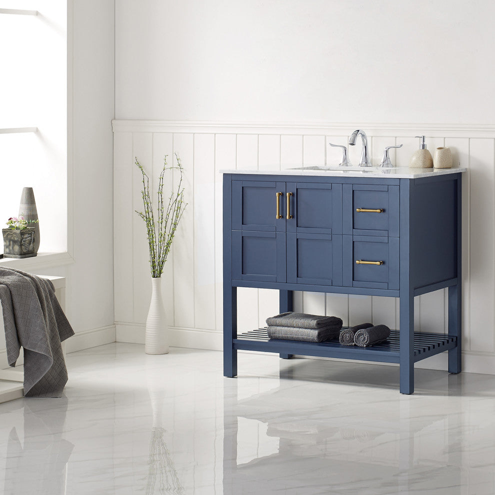 36" Vanity in Royal Blue with Carrara White Marble Countertop Without Mirror