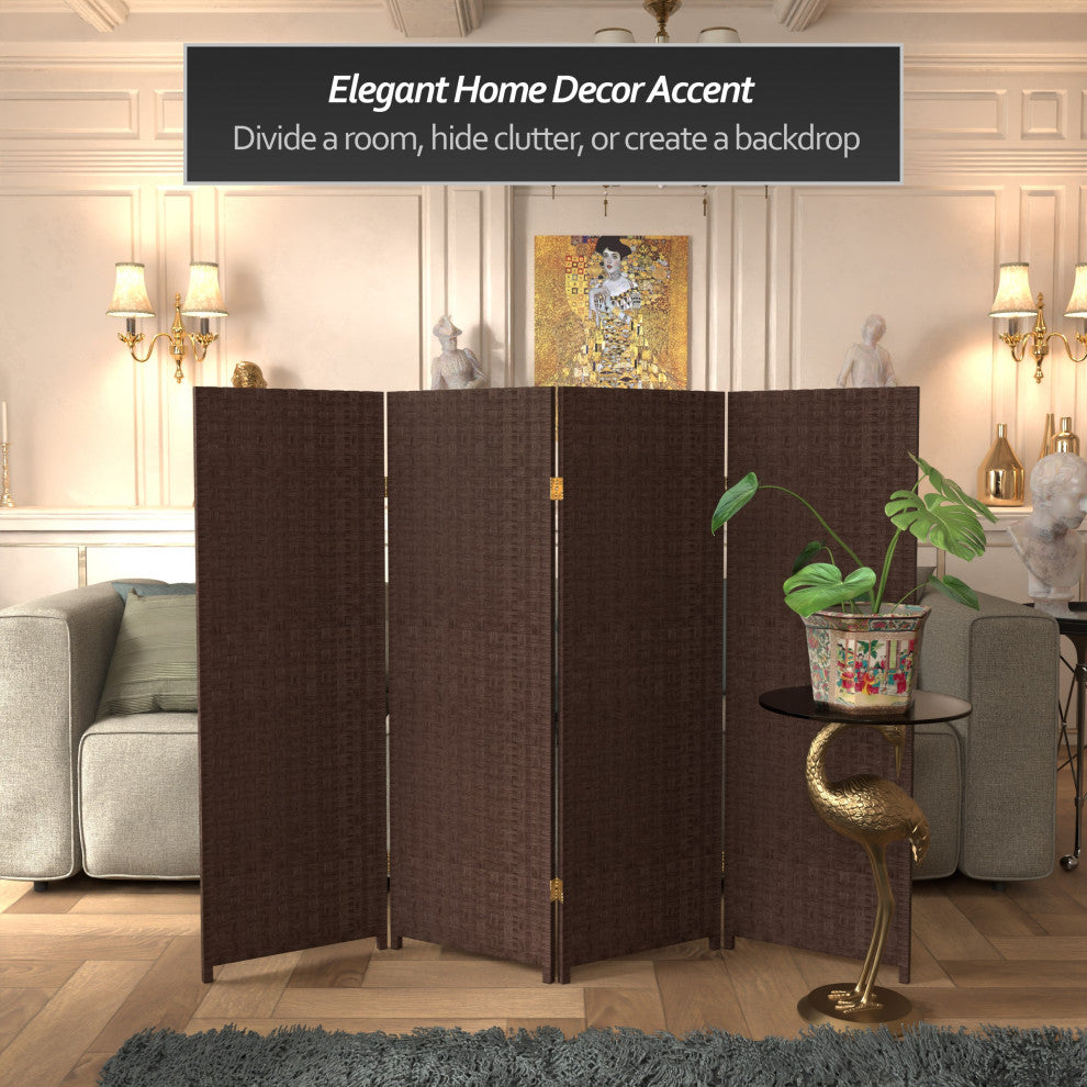 4' Tall Woven Fiber Room Divider, Dark Mocha, 4 Panel