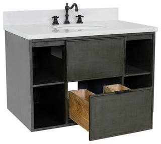 37" Single Wall Mount Vanity, Linen Gray Finish With White Engineered Stone Top