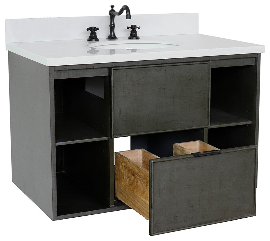 37" Single Wall Mount Vanity, Linen Gray Finish With White Engineered Stone Top