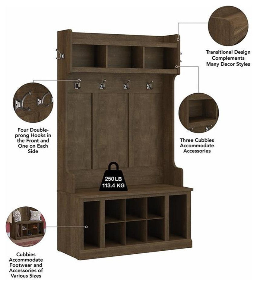 Woodland 40W Hall Tree and Shoe Bench w/ Shelves in Ash Brown - Engineered Wood
