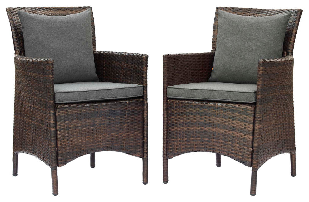 Side Dining Chair Armchair, Set of 2, Rattan, Wicker, Brown Gray, Outdoor