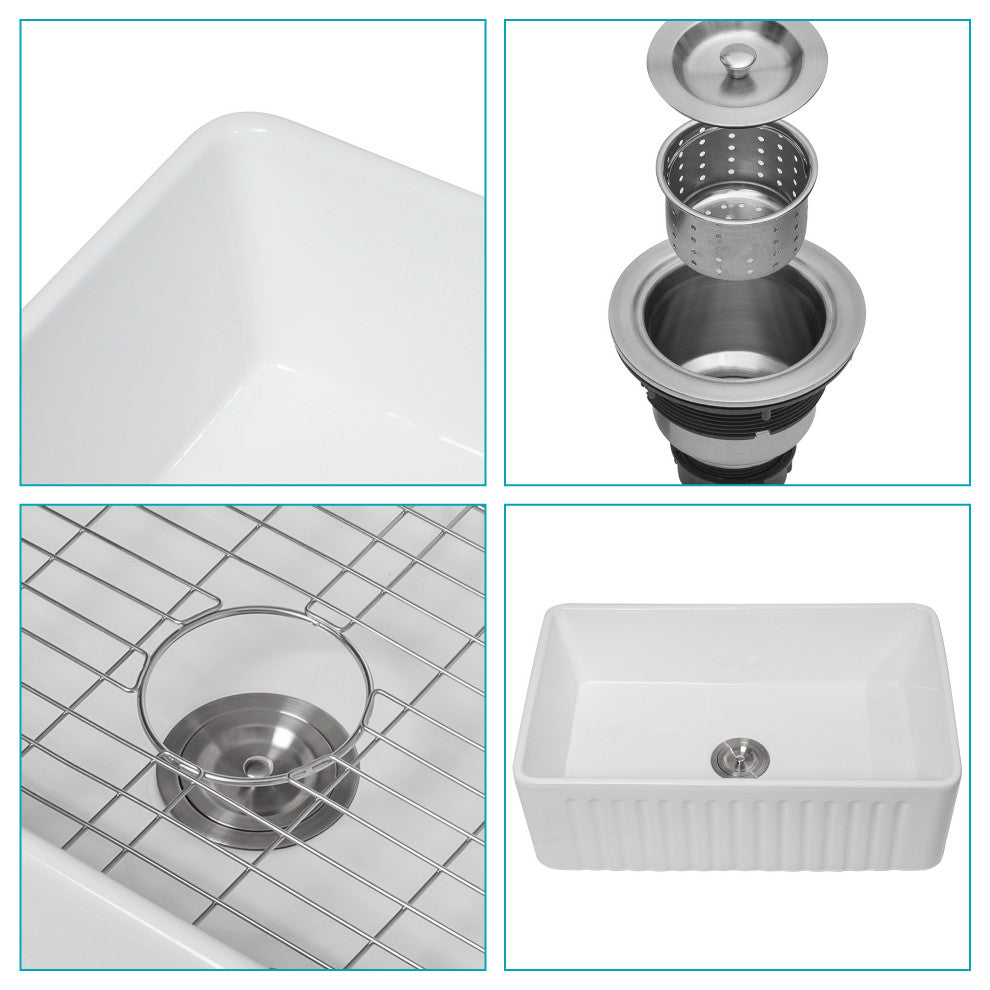 White Ceramic 30 in. Single Bowl Farmhouse Apron Kitchen Sink with Bottom Grid