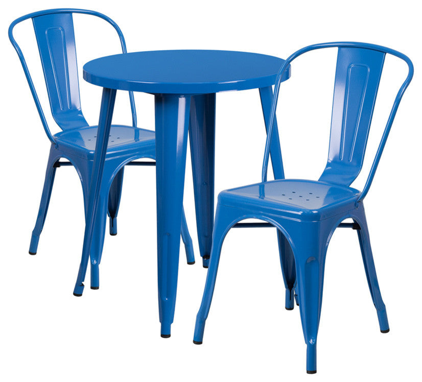 24" Round Blue Metal Indoor-Outdoor 3-Piece Table Set With 2 Cafe Chairs