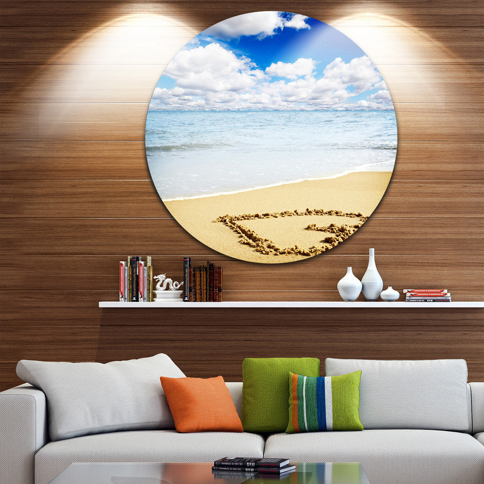 Massive Heart Drawn On Serene Beach, Seashore Round Wall Art, 36"