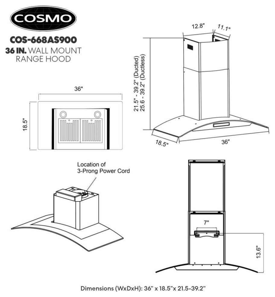 Cosmo 380 CFM Wall Mount Range Hood With Touch Controls, Stainless Steel, 36"