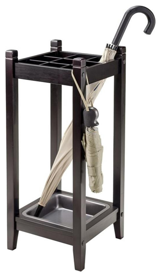 Pemberly Row Transitional Solid Wood Umbrella Stand with Tray in Espresso