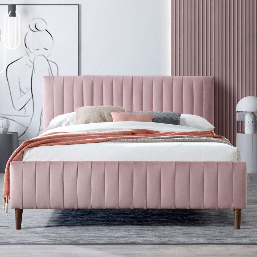 Omax Decor Spencer Upholstered Platform Bed, Blush Velvet, Queen
