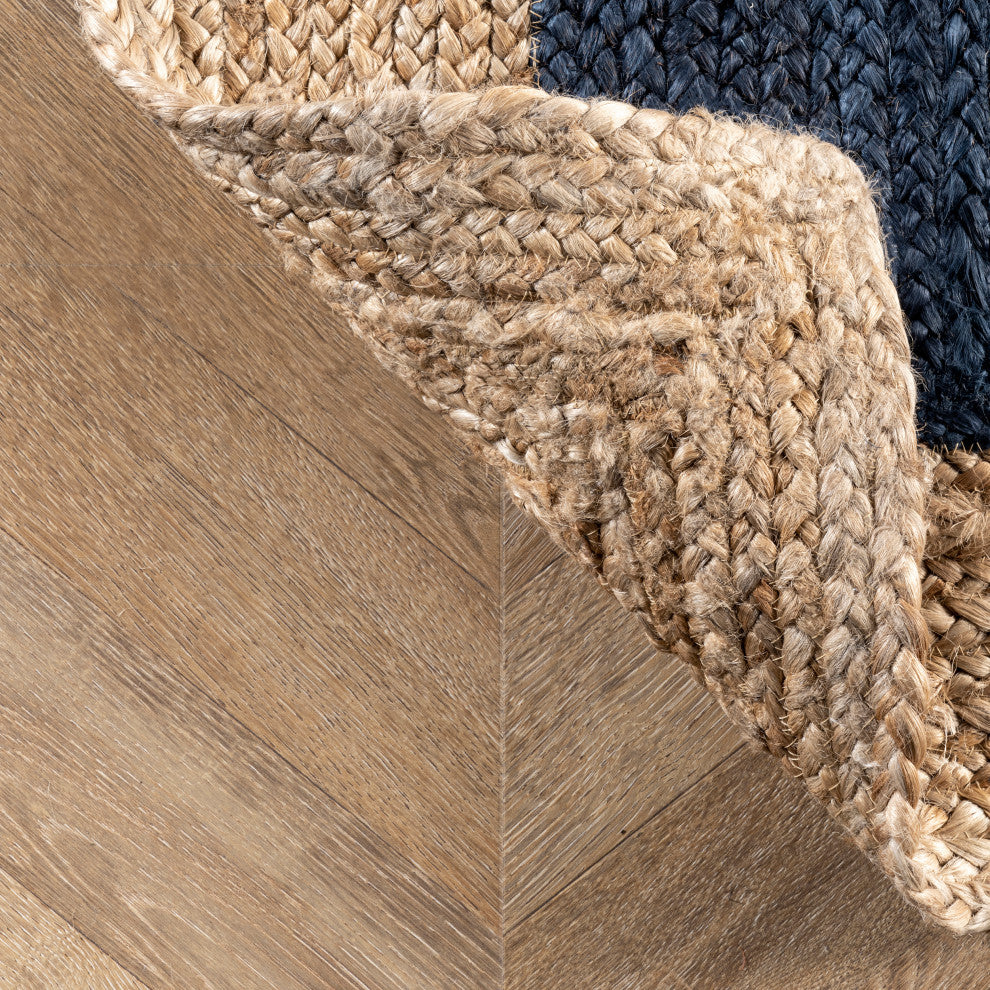 Jute Simple Border Area Rug, Blue, 6'' Round