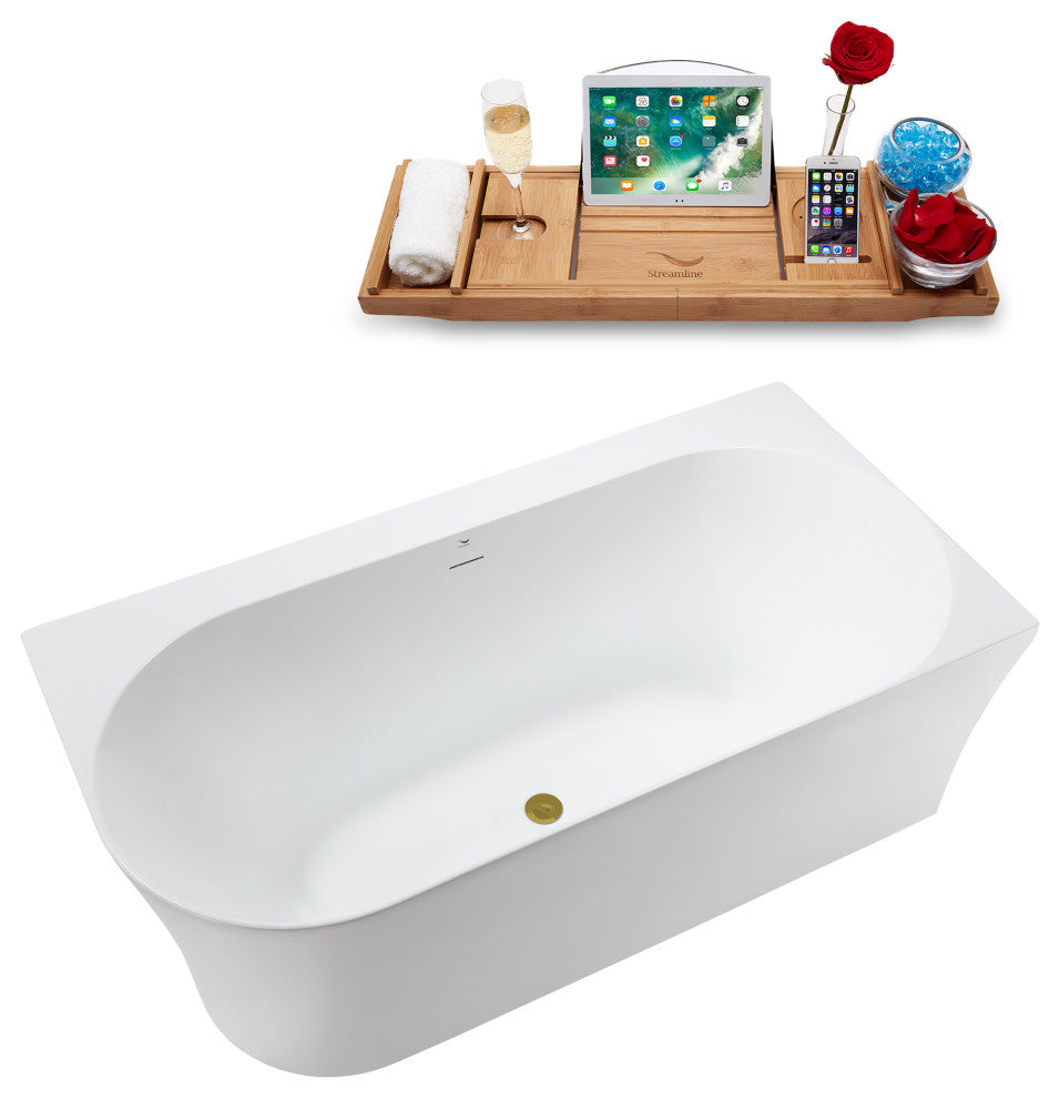 59" Streamline Bathtub and Tray With Drain, Brushed Gold