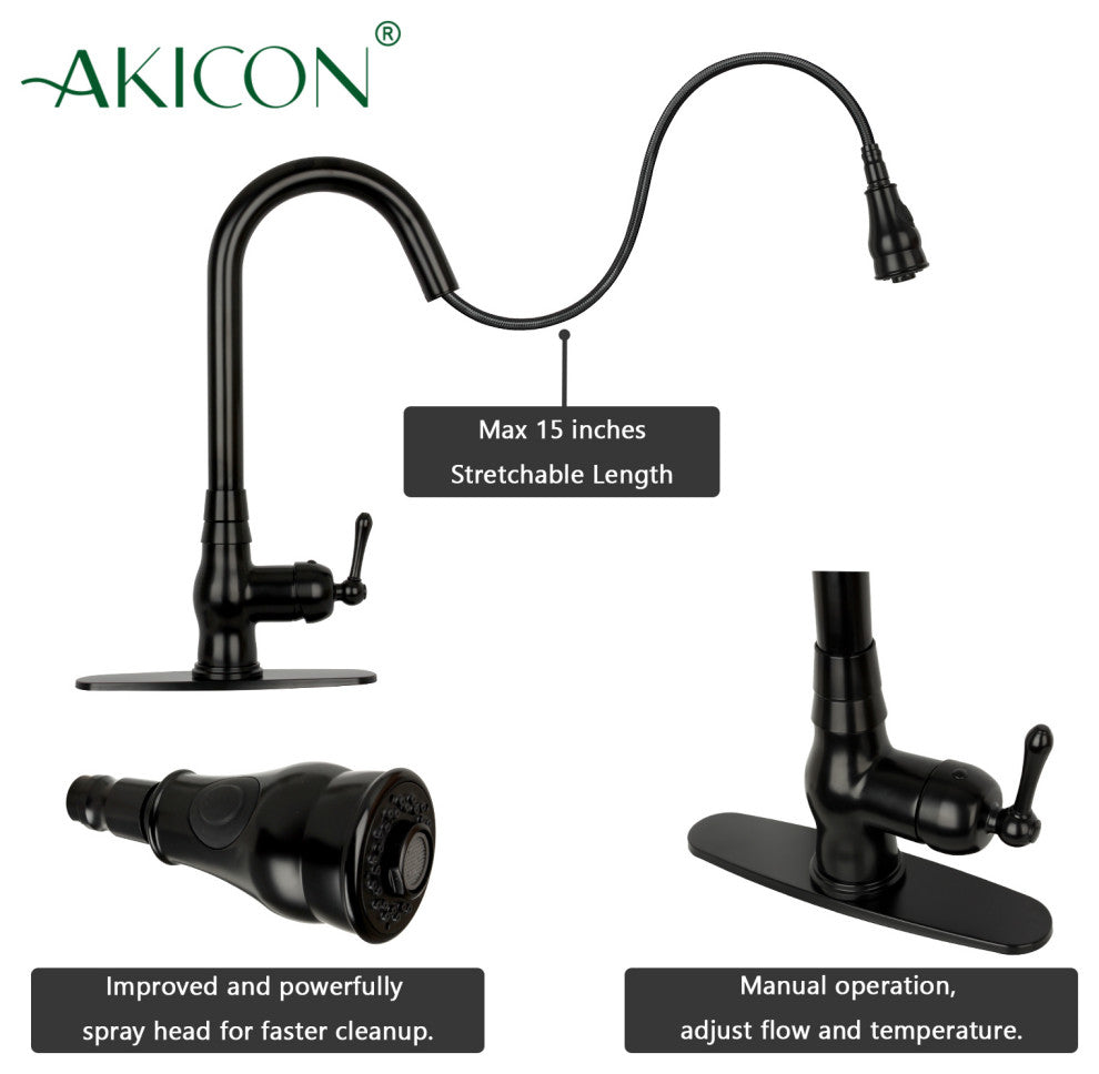 Pull Down Kitchen Faucet With Deck Plate, Single Level Solid Brass Sink Faucets,